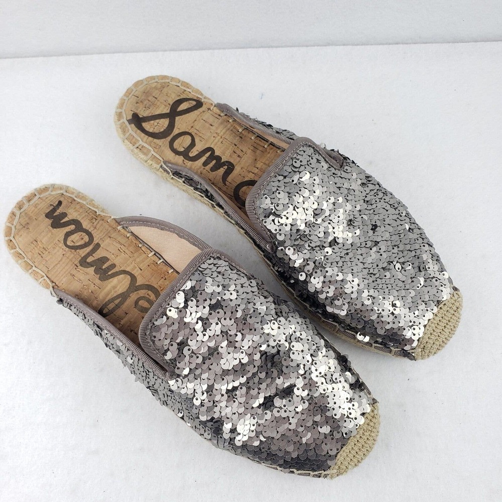 Sam Edelman Womens Kerry Silver Sequin Espadrille Slides Size 9M / EU 39 Slip On